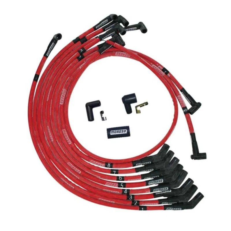 Moroso 52572, SB Ford 351W 135 Deg Plug Boots HEI Sleeved Ultra Spark Plug Wire Set - Red