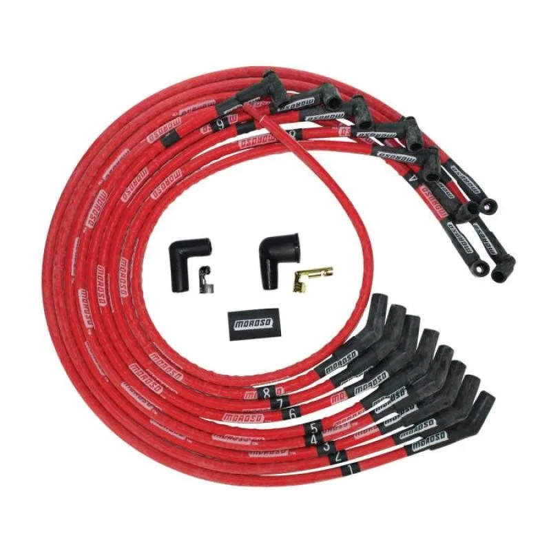 Moroso 52530, SBC Under Header 135 Deg Plug Boots HEI Sleeved Ultra Spark Plug Wire Set