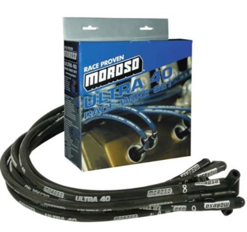 Moroso 73824, Chevrolet Small Block Ignition Wire Set - Ultra 40 - Sleeved - Non-HEI - 90 Degree - Black