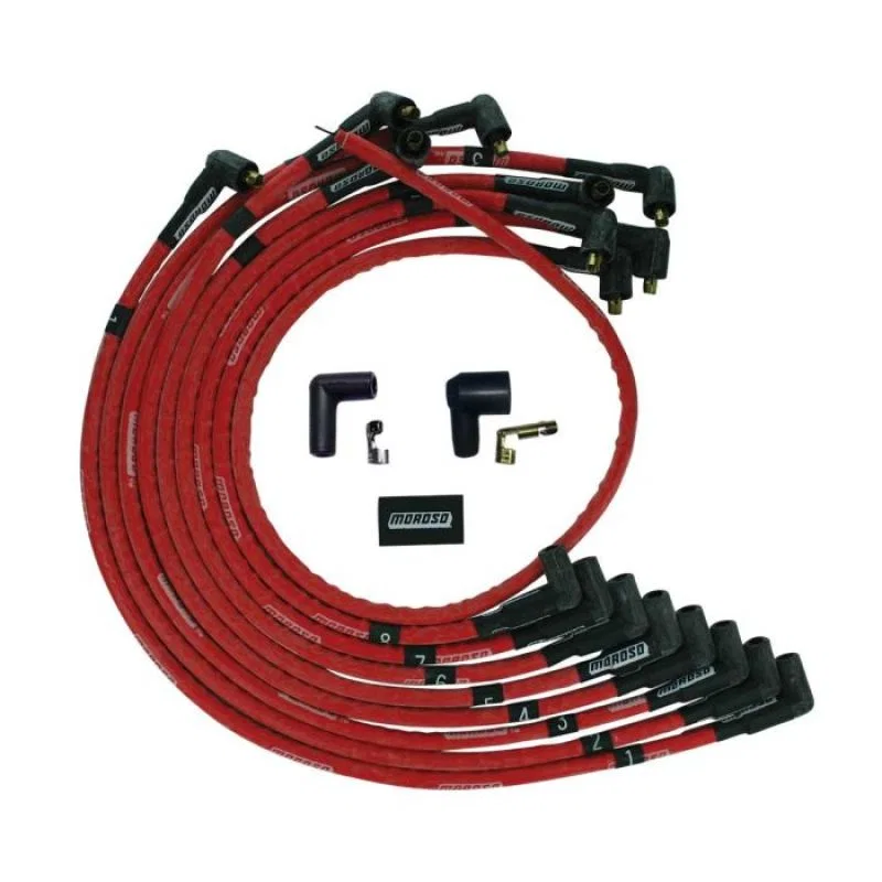 Moroso 52526, SBC Over Valve Cover 90Deg Plug Non-HEI Sleeved Ultra Spark Plug Wire Set - Red