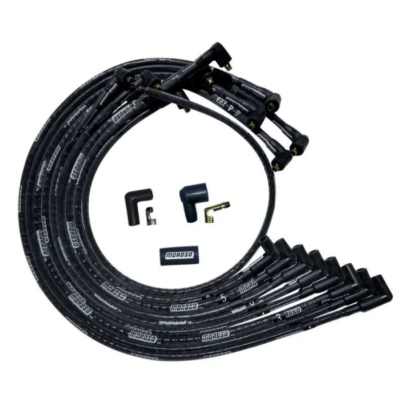 Moroso 51529, SBC Under Header 90 Deg Plug Non-HEI Sleeved Ultra Spark Plug Wire Set - Black