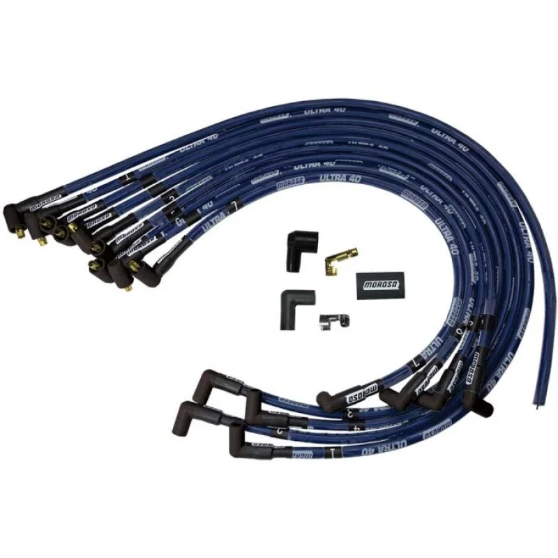 Moroso 73605, Chevrolet Small Block Ignition Wire Set - Ultra 40 - Sleeved - Non-HEI - 90 Degree - Blue