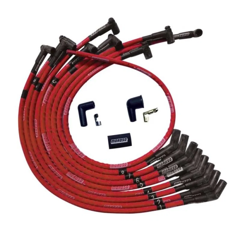 Moroso 52570, SB Ford 260/289/302 135 Deg Plug Boots HEI Sleeved Ultra Spark Plug Wire Set - Red