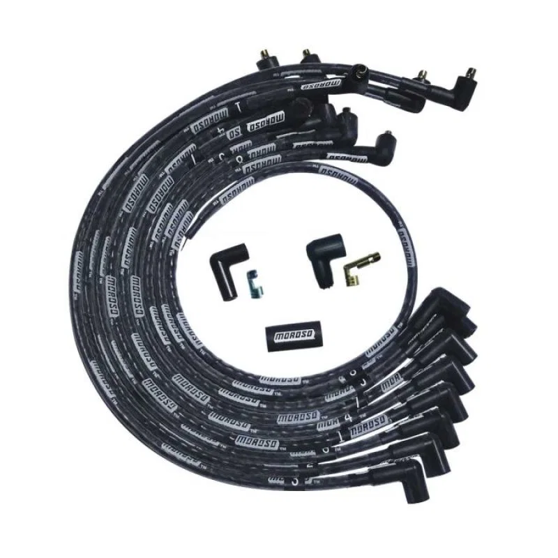 Moroso 51526, SBC Over Valve Cover Sleeved 90 Deg Plug Non-HEI Ultra Spark Plug Wire Set - Black