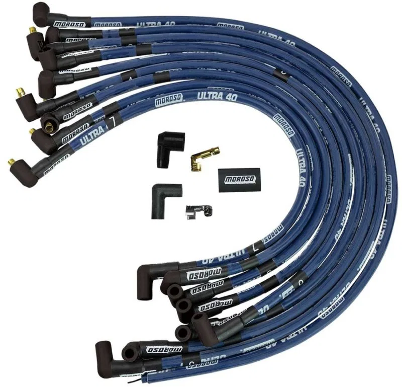 Moroso 73600, Chevrolet Small Block Ignition Wire Set - Ultra 40 - Sleeved - Non-HEI - 90 Degree - Blue