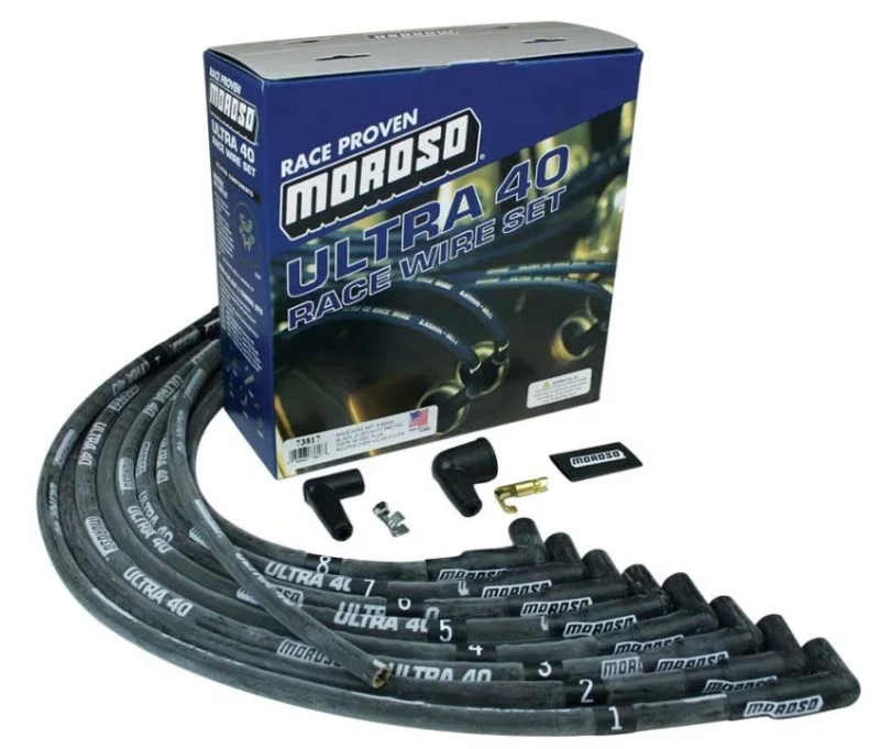 Moroso 73817, Chevrolet Small Block Ignition Wire Set - Ultra 40 - Sleeved - HEI - 90 Degree - Black