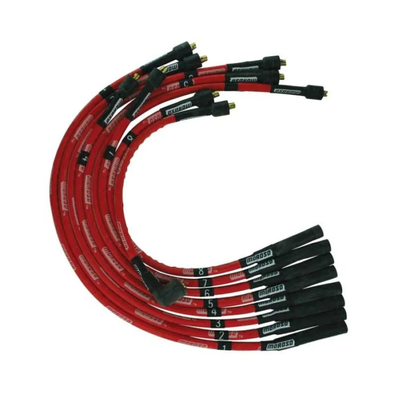 Moroso 52556, SB Chrysler Mopar 273/318/340/360 Str Plug & Dist Sleeved Ultra Spark Plug Wire Set - Red