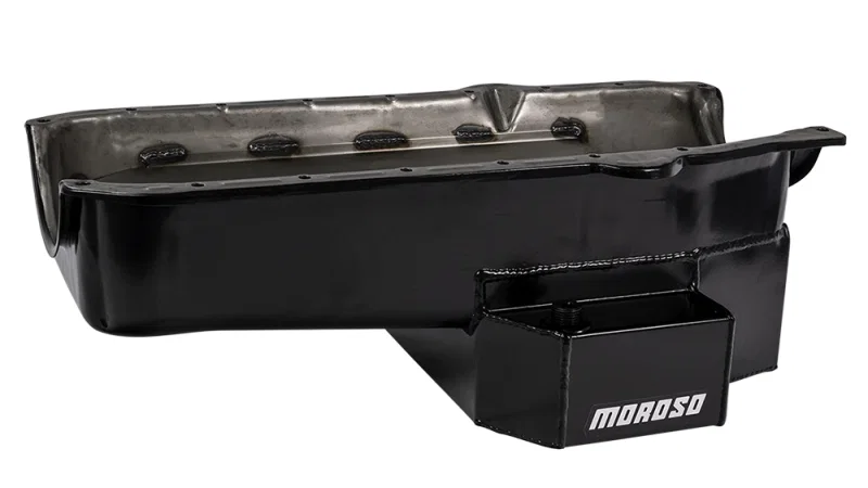 Moroso 21815, 86-Up Chevrolet Small Block (w/1 Pc Seal) Road Race Wet Sump 7qt 7.5in Steel Oil Pan - Black