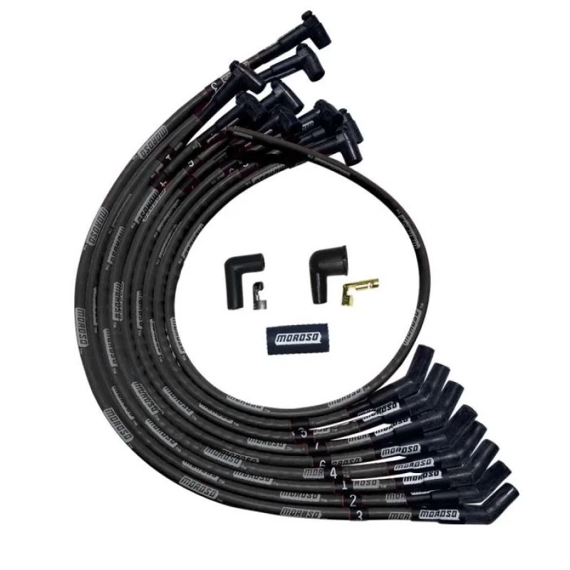 Moroso 51527, SBC Over Valve Cover 135 Deg Plug HEI Sleeved Ultra Spark Plug Wire Set - Black