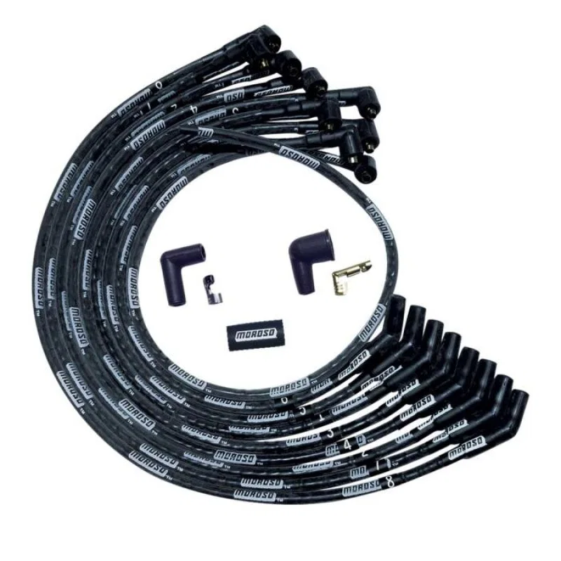 Moroso 51573, SB Ford 351W Sleeved 135 Deg Plug End Non-HEI Ultra Spark Plug Wire Set - Black