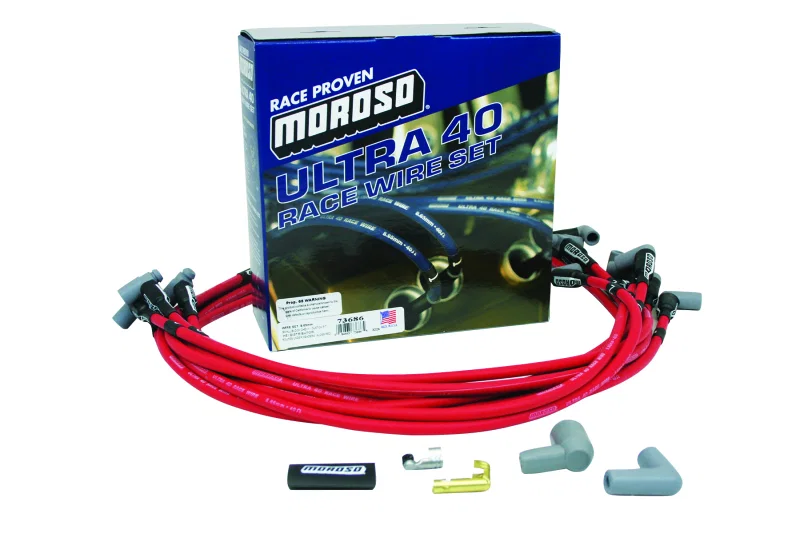 Moroso 73686, Chevrolet Small Block Ignition Wire Set - Ultra 40 - Unsleeved - HEI - Under Header - Red