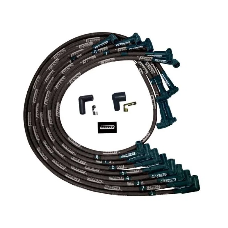 Moroso 51528, SBC Under Header 90 Deg Plug End HEI Sleeved Ultra Spark Plug Wire Set - Black