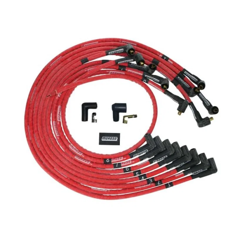 Moroso 52529, SBC Under Header 90 Deg Plug Non-HEI Sleeved Ultra Spark Plug Wire Set - Red