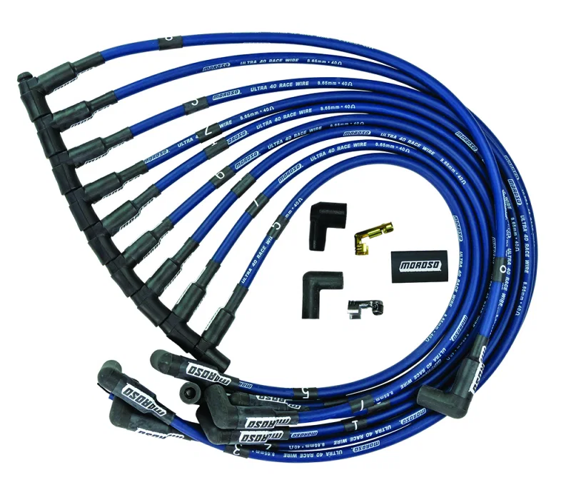 Moroso 73664, Chevrolet Small Block Ignition Wire Set - Ultra 40 - Unsleeved - HEI - Over Valve - Blue