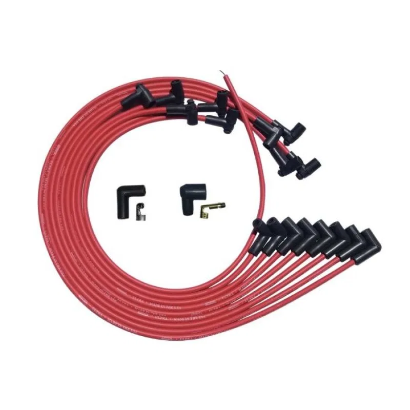 Moroso 52028, SBC Under Header 90 Deg Plug HEI Ultra Spark Plug Wire Set - Red