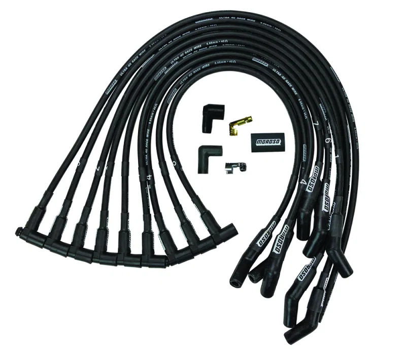 Moroso 73725, Chevrolet Small Block Ignition Wire Set - Ultra 40 - Unsleeved - HEI - 135 Degree - Black