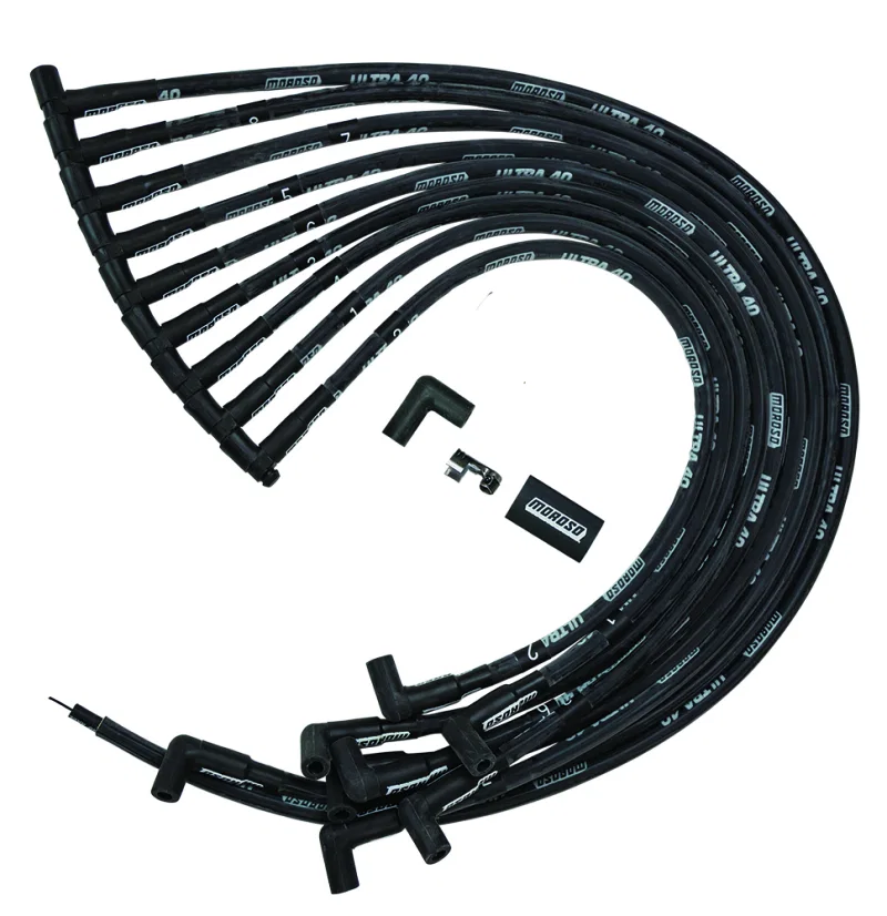 Moroso 73843, Chevrolet Big Block (w/Jesel) Ignition Wire Set - Ultra 40 - Sleeved - 90 Degree - Black