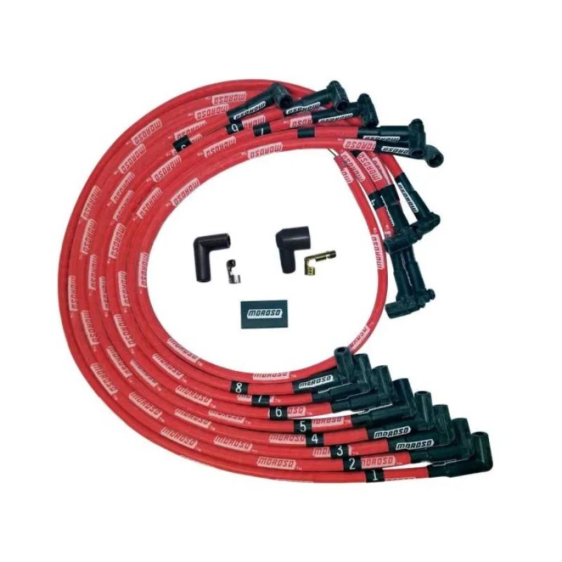 Moroso 52528, SBC Under Header Sleeved HEI 90 Degree Boots Ultra Spark Plug Wire Set - Red