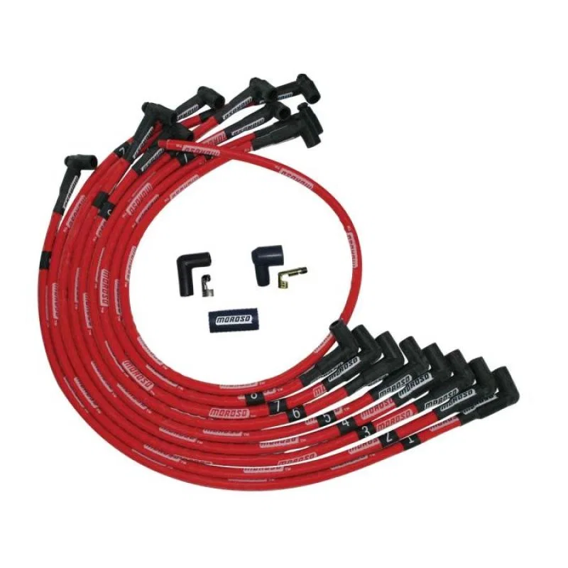 Moroso 52525, SBC Over Valve Cover 90 Deg Plug HEI Sleeved Ultra Spark Plug Wire Set - Red