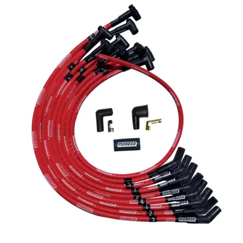 Moroso 52527, SBC Over Valve Cover 135 Deg Plug HEI Sleeved Ultra Spark Plug Wire Set - Red