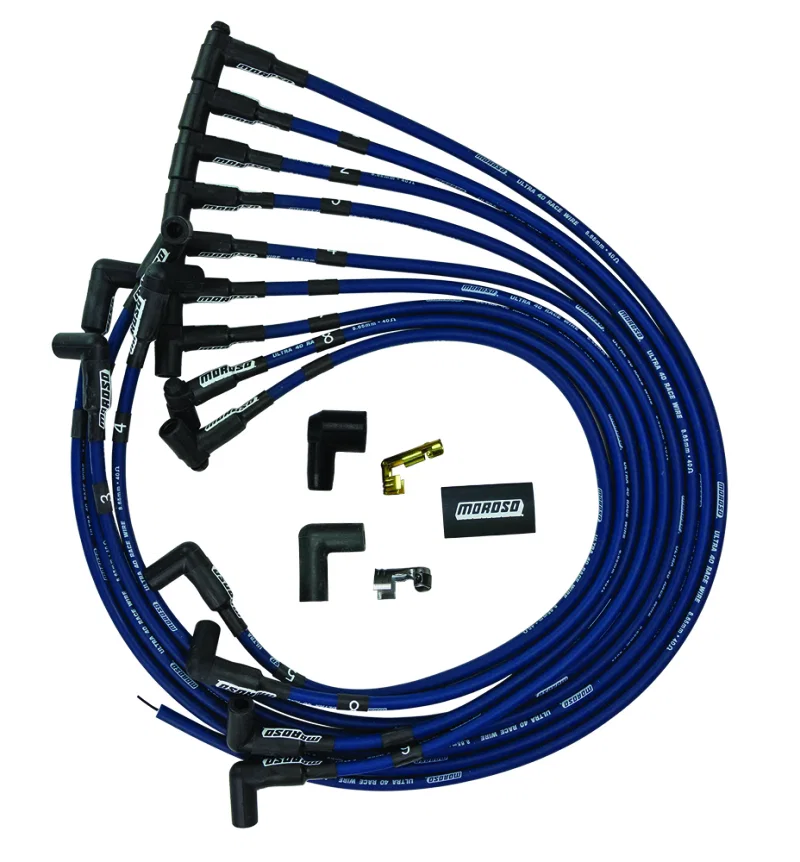 Moroso 73666, Chevrolet Small Block Ignition Wire Set - Ultra 40 - Unsleeved - HEI - Under Header - Blue