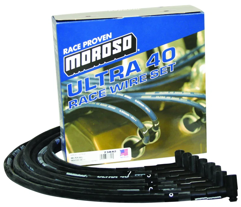 Moroso 73842, Chevrolet Small Block (w/Jesel) Ignition Wire Set - Ultra 40 - Sleeved - 90 Degree - Black