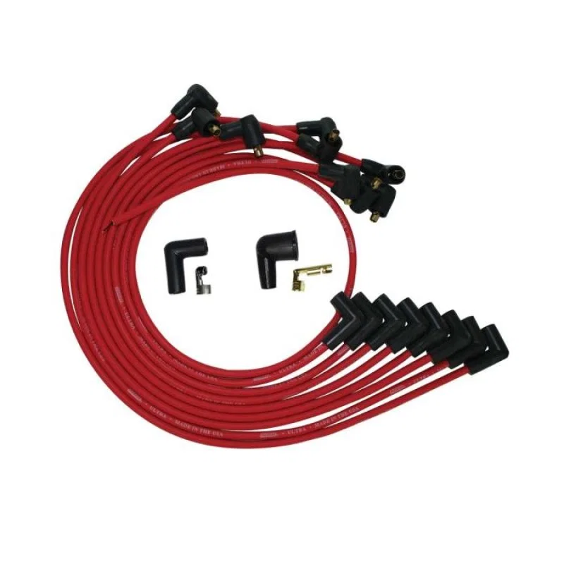 Moroso 52043, BBC Under The Header 90 Deg Plug Boots HEI Ultra Spark Plug Wire Set - Red