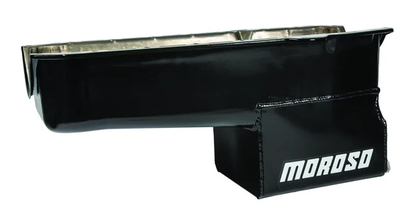 Moroso 20165, 80-85 Chevrolet SBC (w/Passenger Side Dipstick) Wet Sump 7qt 9.5in Steel Oil Pan - Black