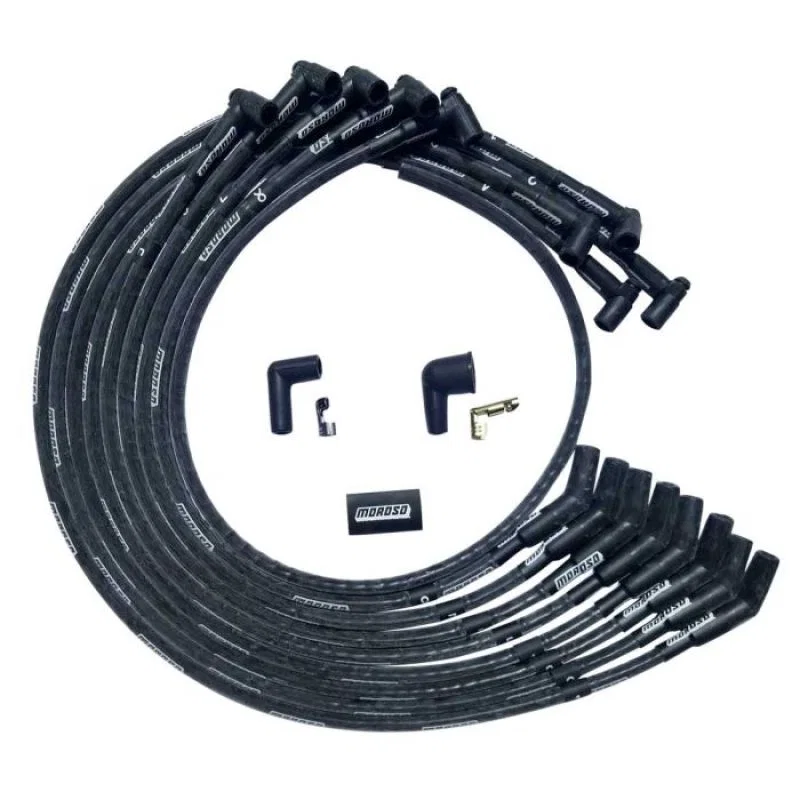 Moroso 51530, SBC Under Header 135 Deg Plug End HEI Sleeved Ultra Spark Plug Wire Set - Black