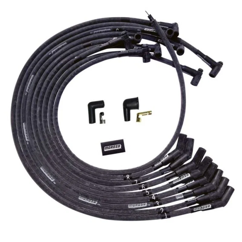 Moroso 51545, BBC Under Header Sleeved 135 Plug End HEI Ultra Spark Plug Wire Set - Black
