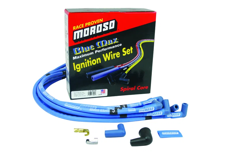 Moroso 72402, Chevrolet Small Block Ignition Wire Set - Blue Max - Spiral Core - Sleeved - HEI - 90 Degree