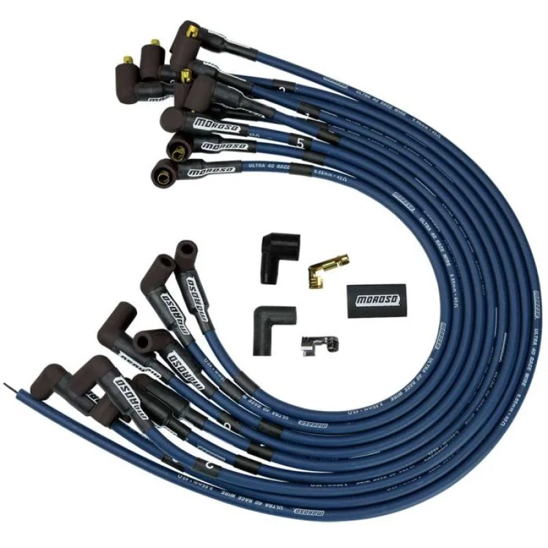 Moroso 73663, Chevrolet Small Block Ignition Wire Set - Ultra 40 - Unsleeved - Non-HEI - Over Valve - Blue