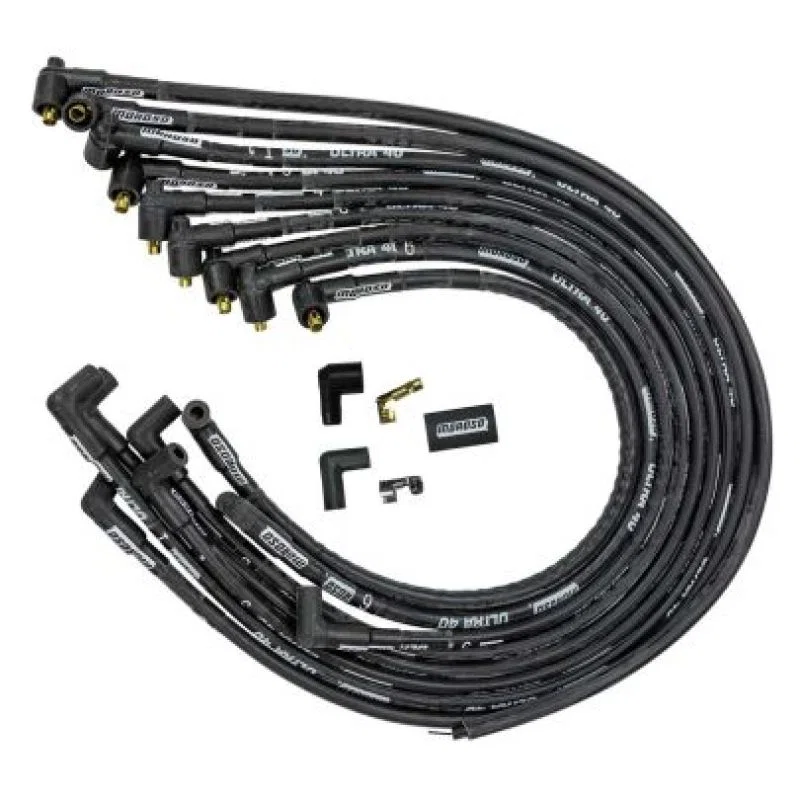 Moroso 73825, Chevrolet Small Block Ignition Wire Set - Ultra 40 - Sleeved - Non-HEI - 90 Degree - Black