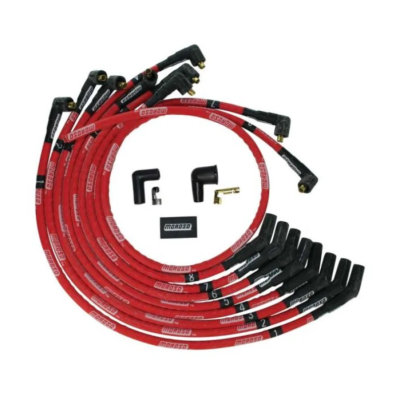 Moroso 52571, SB Ford 260/289/302 135 Deg Plug Boots Non-HEI Sleeved Ultra Spark Plug Wire Set - Red
