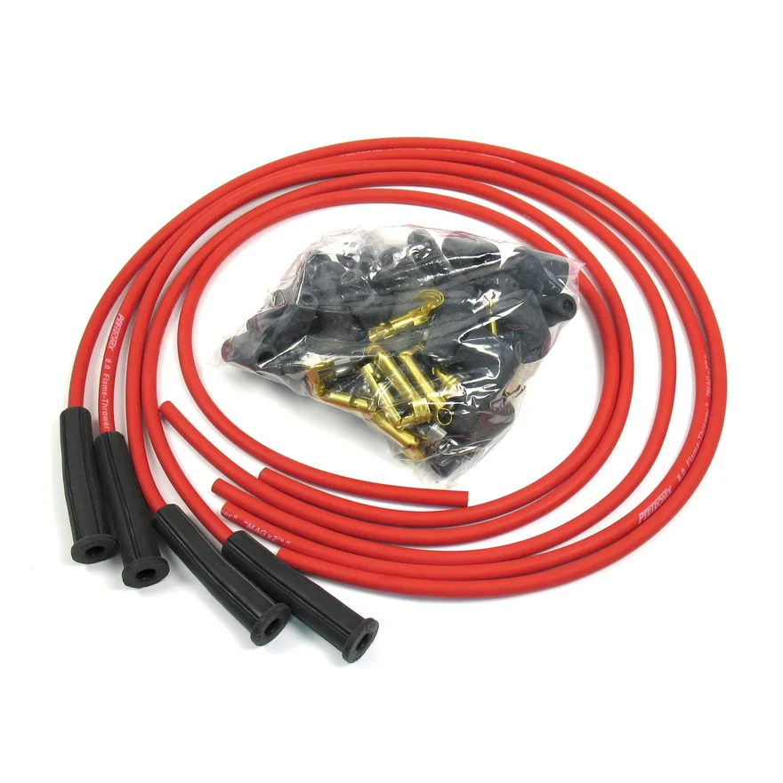 Pertronix 8044VW, Flame-Thrower Spark Plug Wires 4 cyl 8mm VW Universal 180 Degree Red