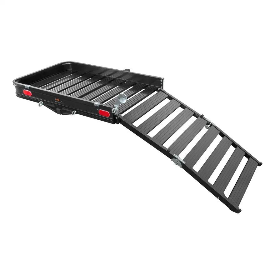 CURT 18112, 50in. x 30in. Black Aluminum Hitch Cargo Carrier with Ramp (Folding 2in. Shank)