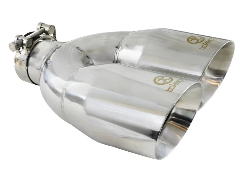 aFe 49T25484-P121, Takeda 2.5in 304 Stainless Steel Clamp-on Tip Passenger Side 2.5in Inlet 4inDual - Polished