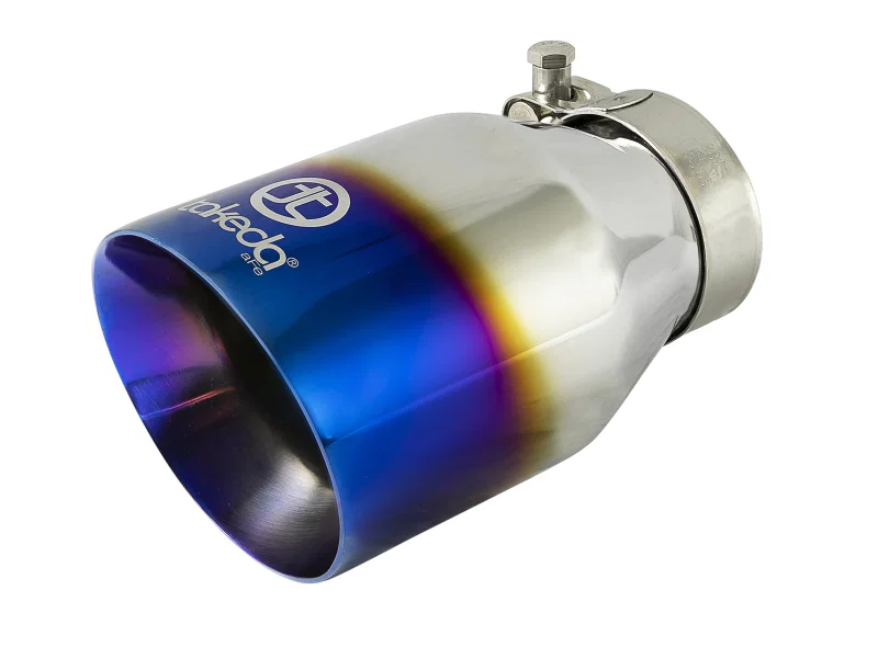 aFe 49T25404-L07, Takeda 304 Stainless Steel Clamp-On Exhaust Tip 2.5in Inlet / 4in Outlet - Blue Flame