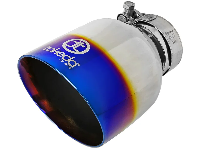 aFe 49T25454-L07, Takeda 304 Stainless Steel Clamp-On Exhaust Tip 2.5in. Inlet / 4.5in. Outlet - Blue Flame