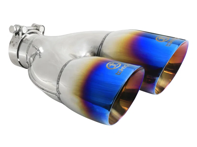 aFe 49T25484-L122, Takeda 2.5in 304 Stainless Steel Clamp-on Exhaust Tip Driver Side 2.5in Inlet 4inDual-Blue Flame