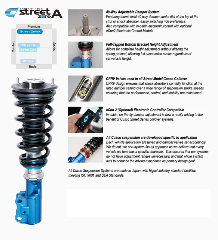 Cusco 561 61N CP, Street Zero-A Coilovers Full Height Adjustable Pillowball 98-01 Mitsubishi Evolution 5, 6