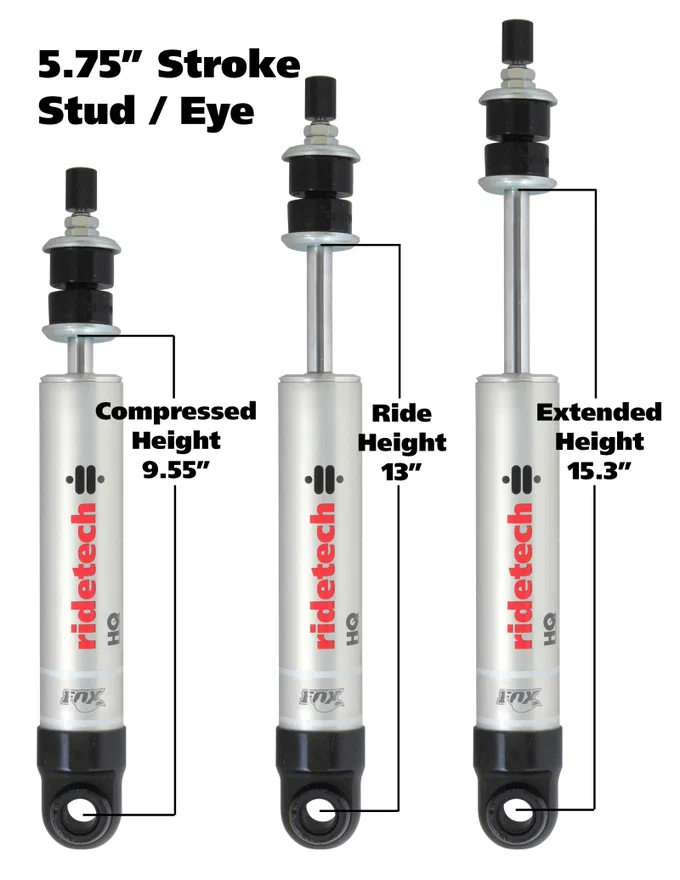 Ridetech 22169845, HQ Series Shock Absorber Single Adjustable 5.75in Stroke Eye/Stud Mounting 9.55in x 15.3in