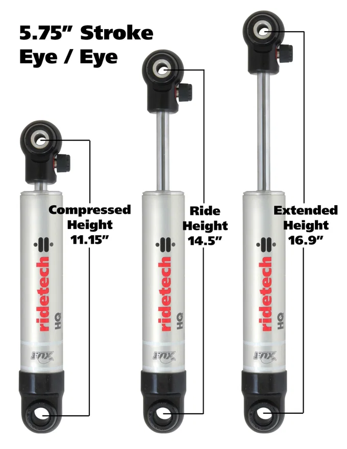 Ridetech 22169841, HQ Series Shock Absorber Single Adjustable 5.75in Stroke Eye/Eye Mounting 11.15in x 16.9in