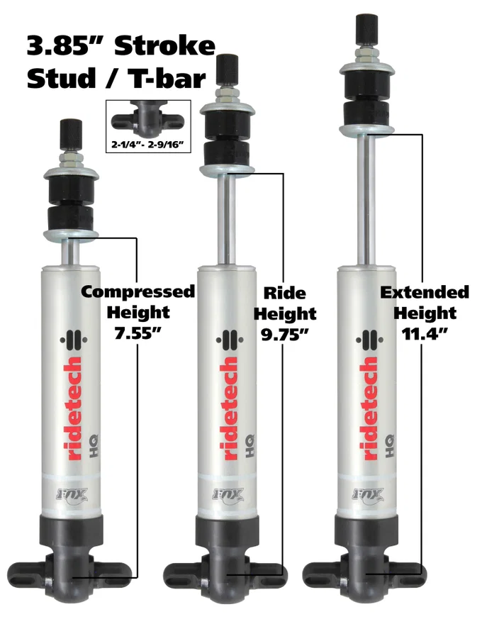 Ridetech 22139846, HQ Series Shock Absorber Fixed Valve 3.85 Stroke Narrow T-bar/Stud Mounting 7.55in x 11.4in