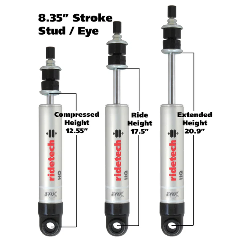 Ridetech 22199845, HQ Series Shock Absorber Single Adjustable 8.35in Stroke Eye/Stud Mounting 12.55in x 20.9in