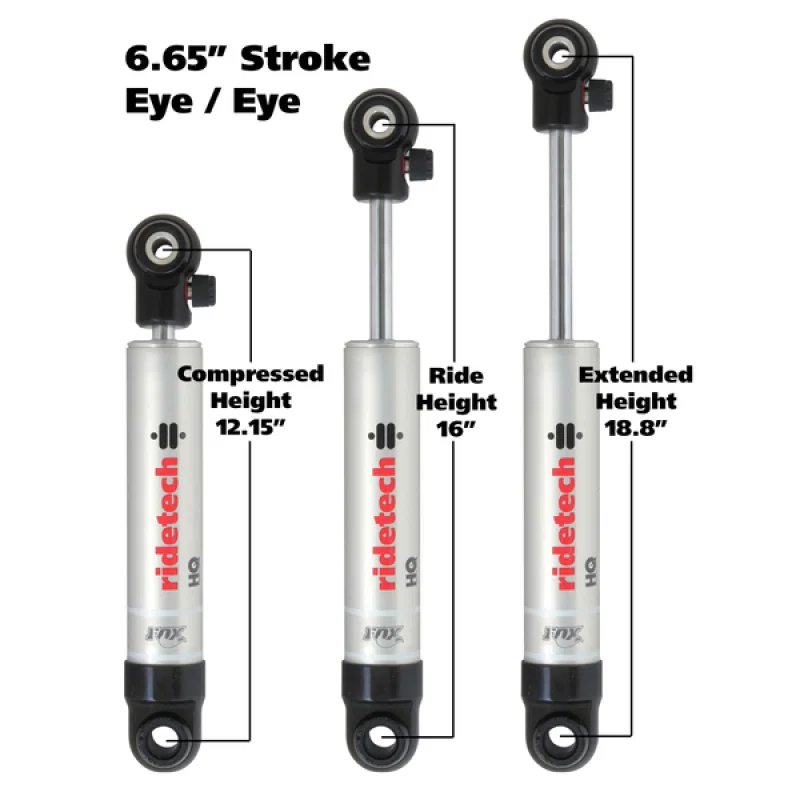 Ridetech 22179841, HQ Series Shock Absorber Single Adjustable 6.65in Stroke Eye/Eye Mounting 12.15in x 18.8in