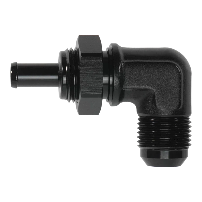 DeatschWerks 6-02-0796-B, 10AN Male Flare Bulkhead to 3/8in Hose Barb 90-Degree