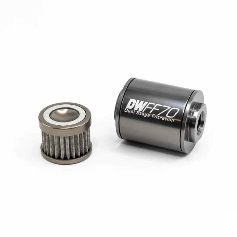 DeatschWerks 8-03-070-100K, Stainless Steel 8AN 100 Micron Universal Inline Fuel Filter Housing Kit (70mm)