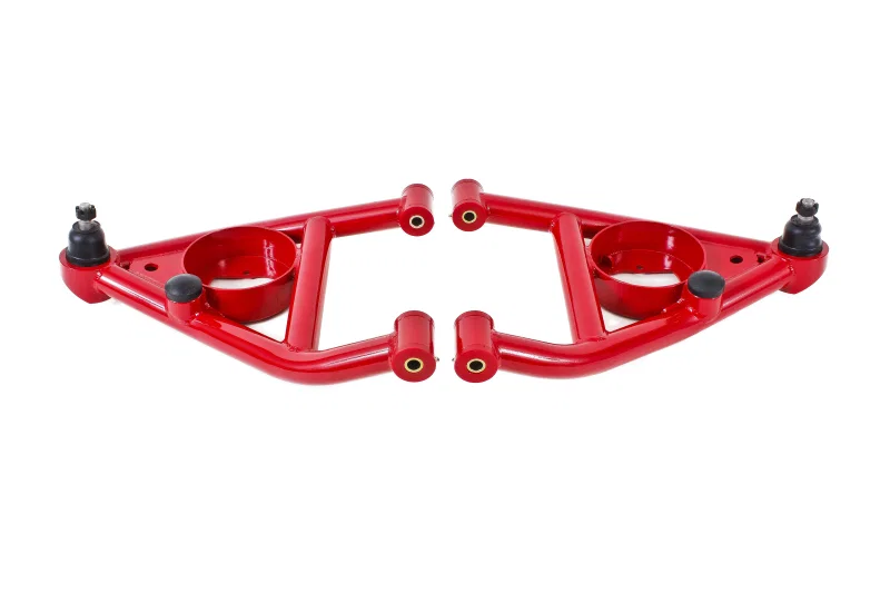 BMR Suspension AA006R, 67-69 F-Body A-arms Lower, DOM Non-adjustable Polyurethane Bushings Front Bump Stops Red