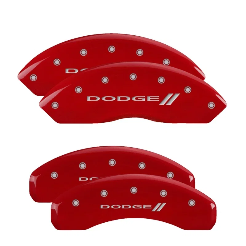 MGP 12200SDD3RD, 4 Caliper Covers Engraved Front & Rear With stripes/Dodge Red finish silver ch